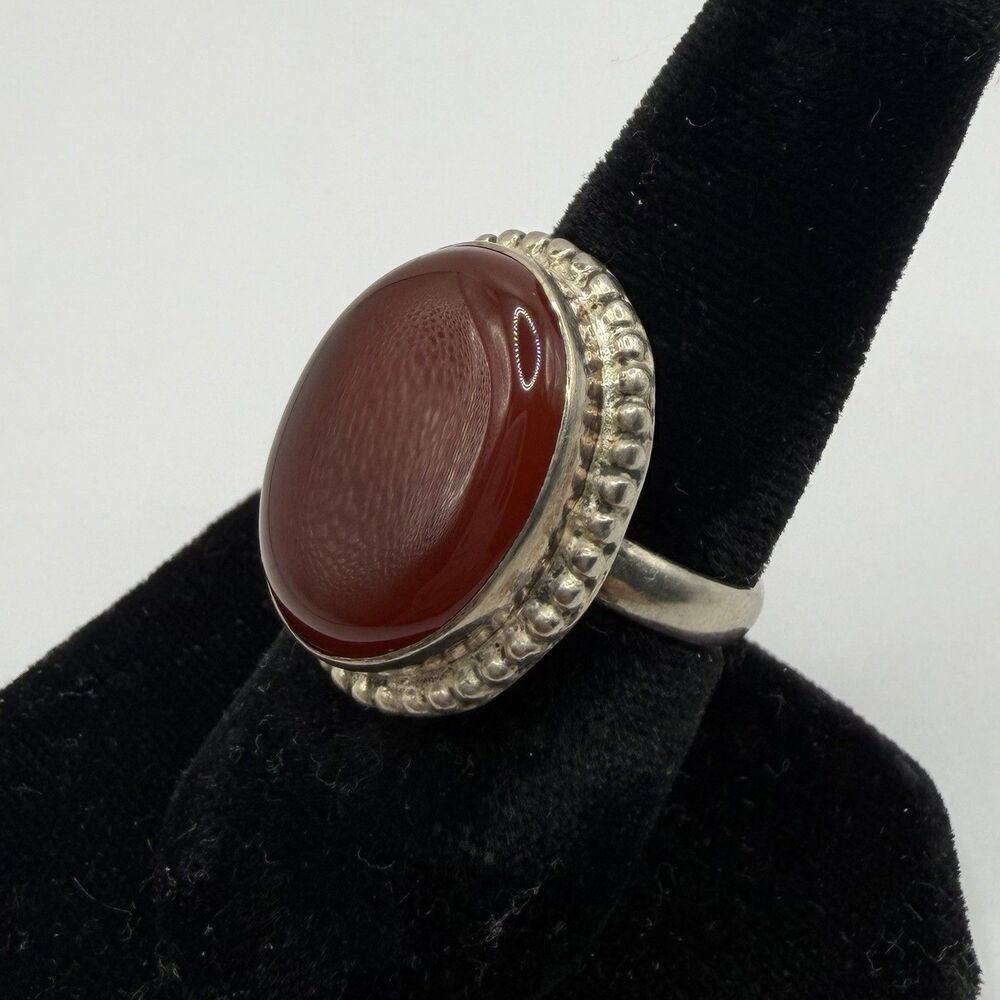 Vintage 925 Sterling Silver Carnelian Cabochon Statement Ring Size 7.5 Sz